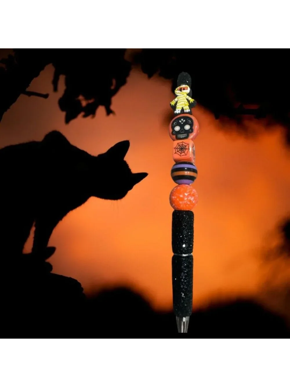 Halloween-Themed Decorative Pen With Beaded Design & Mummy Topper